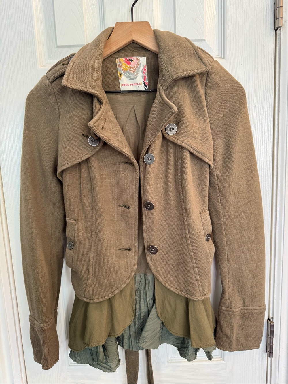 Free People Military Ruffle Hem Knit Jacket Olive Brown Size 4 - Picture 7 of 8